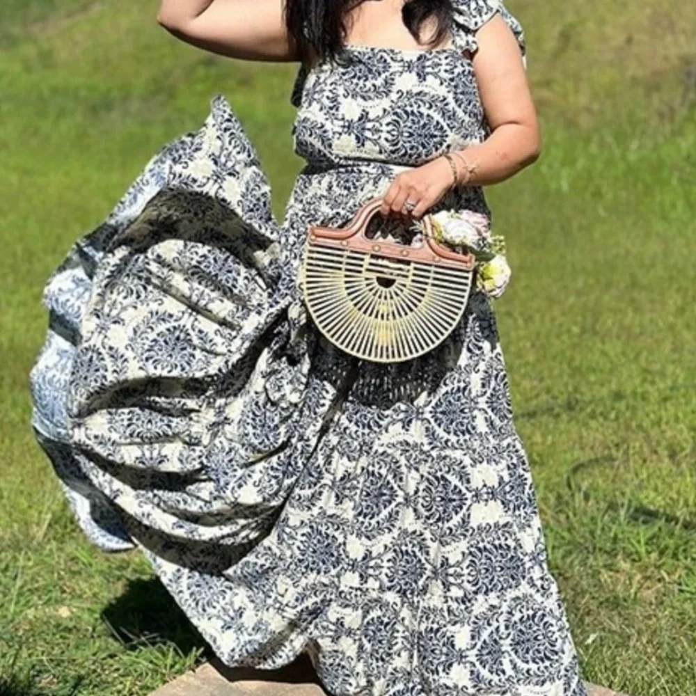 Boho Floral Print Ruffle Sleeve Cropped Top Maxi Skirt Set - Picture 4 of 4